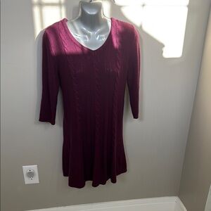 NY Collection Burgundy A-Line Sweater Dress with V-Neck and 3/4 Sleeves